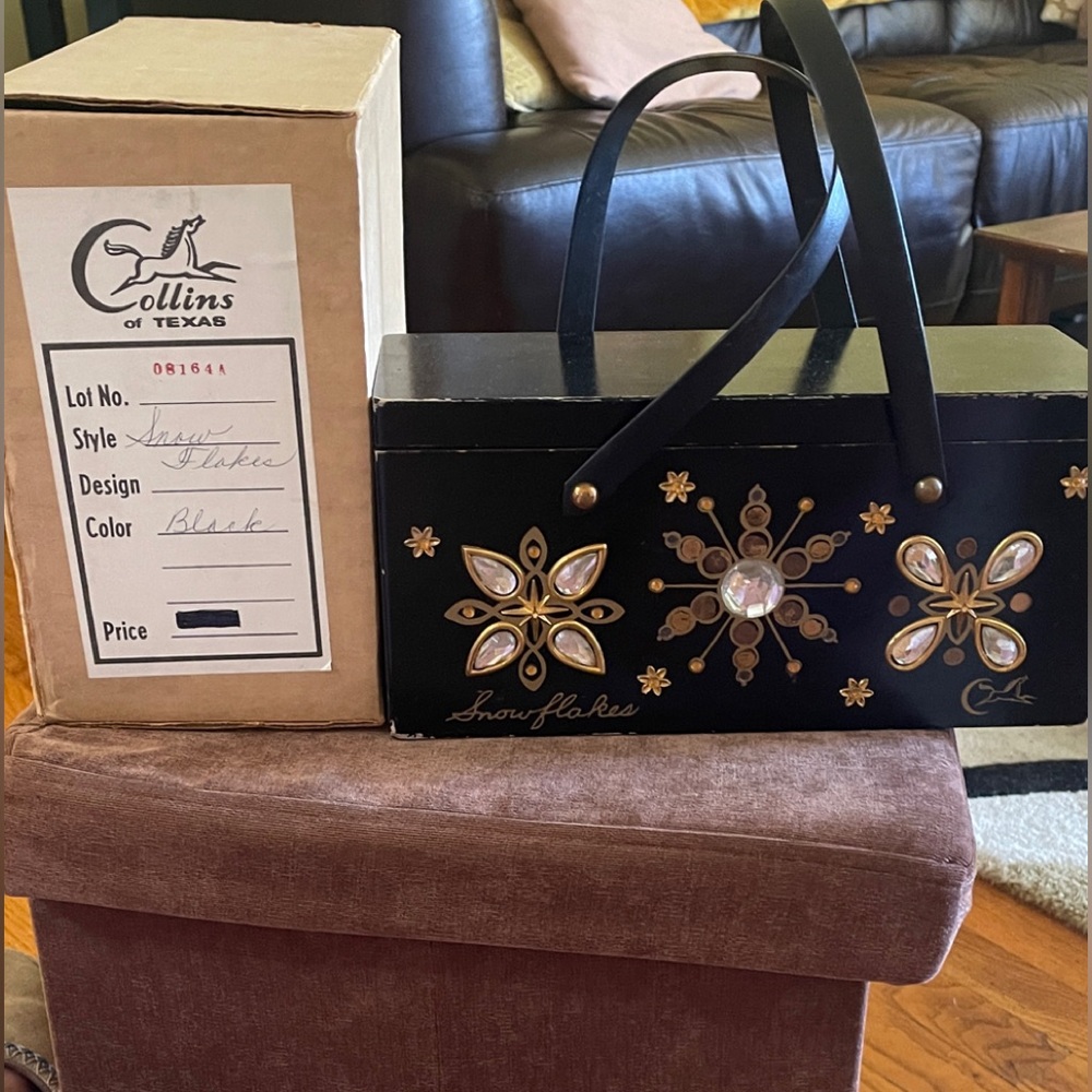 RARE Collins of Texas Wood Black Handheld Snowflake Embell Bag with Original Box - Picture 2 of 16